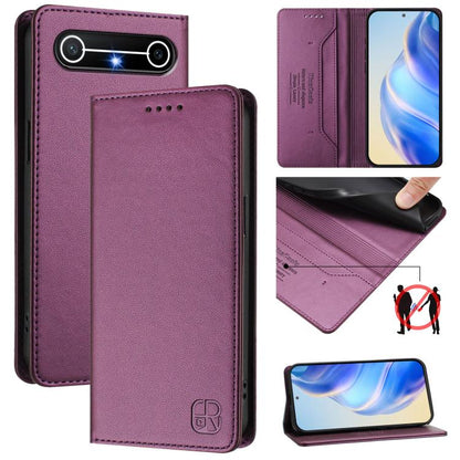 Dual-fold magnetic suction RFID leather phone case, purple, front and back views