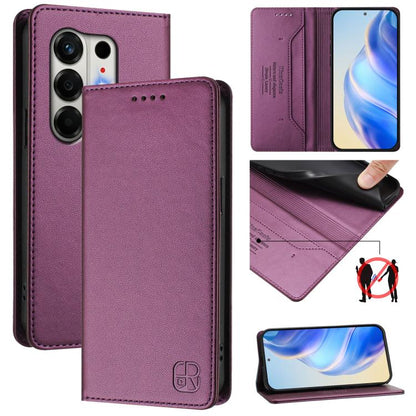 Purple leather phone case with magnetic dual-fold flap and RFID-style card panel