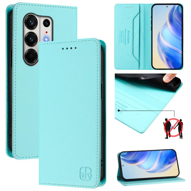 Mint green dual-fold phone case with magnetic closure and card-slot wallet cover