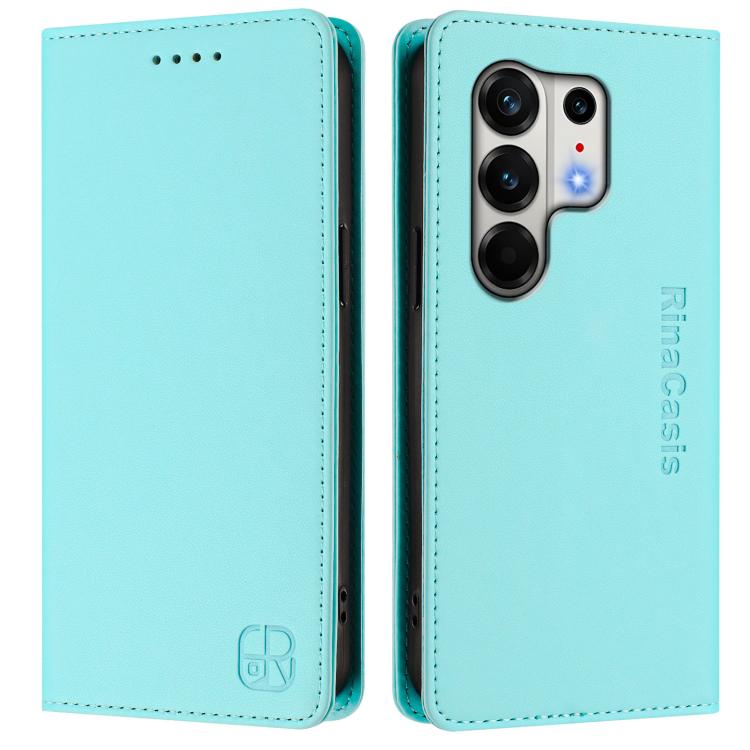 Mint green folio phone case with camera cutout and smooth leather-like finish