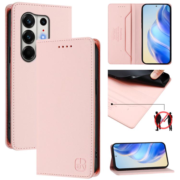 Pink dual-fold magnetic phone case with card-slot wallet cover and camera cutout