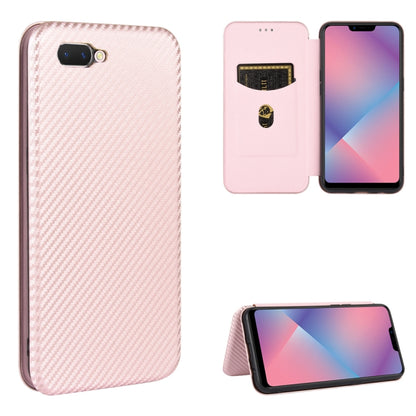 Pink carbon-fiber texture magnetic flip phone case with camera cutouts and smooth card-slot flap