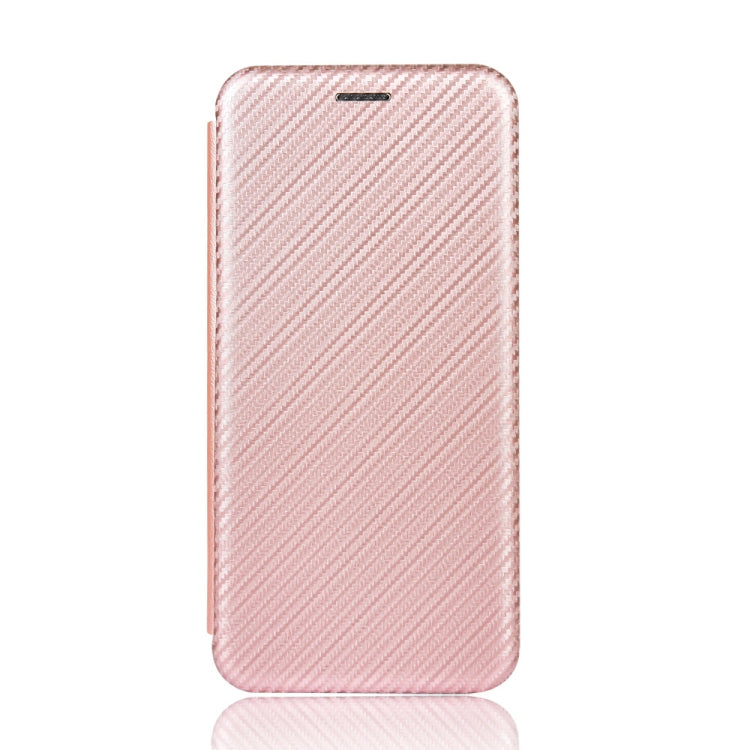 Pink carbon-fiber texture magnetic flip phone case, closed with rounded edges and camera area cutout