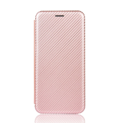 Pink carbon-fiber texture magnetic flip phone case, closed with rounded edges and camera area cutout