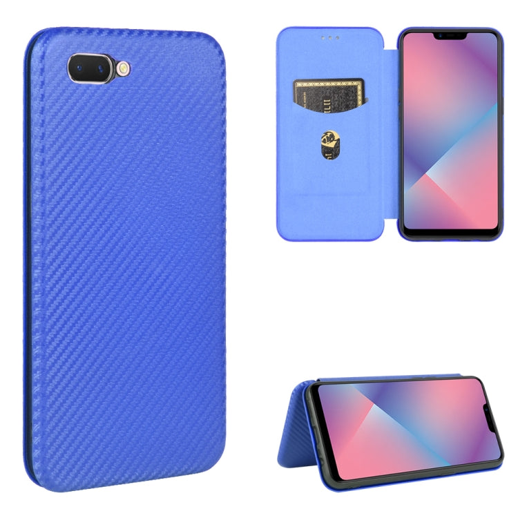 Blue carbon-fiber texture magnetic flip phone case with card slot flap and phone screen view