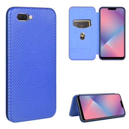 Blue carbon-fiber texture magnetic flip phone case with card slot flap and phone screen view
