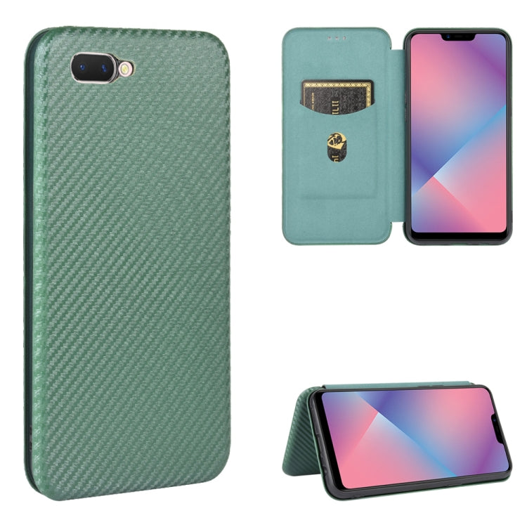 Green carbon-fiber texture magnetic flip phone case with card slot flap and phone screen view