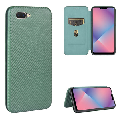 Green carbon-fiber texture magnetic flip phone case with card slot flap and phone screen view