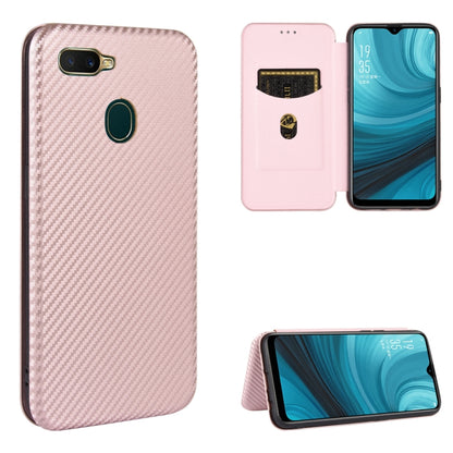 Light pink carbon-fiber texture magnetic flip phone case with card slot, back view