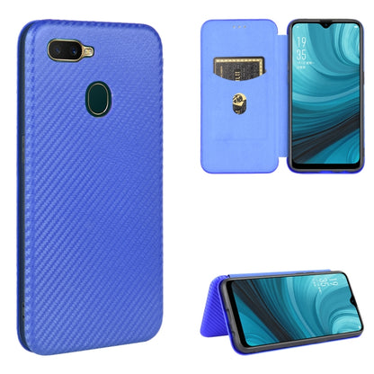 Blue carbon-fiber texture magnetic flip phone case with card slot, stand view
