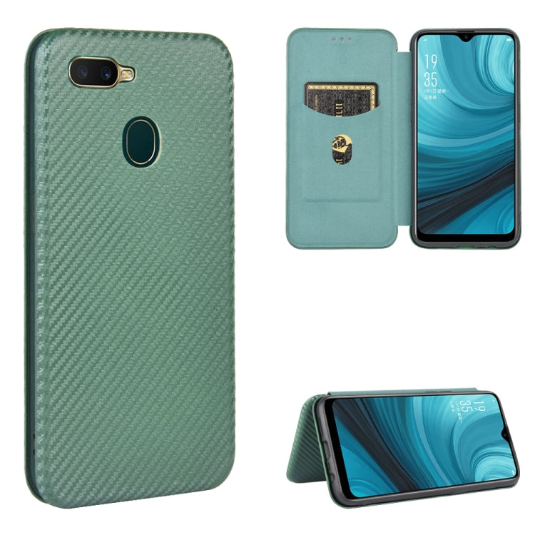 Green carbon-fiber texture magnetic flip phone case with card slot, back view