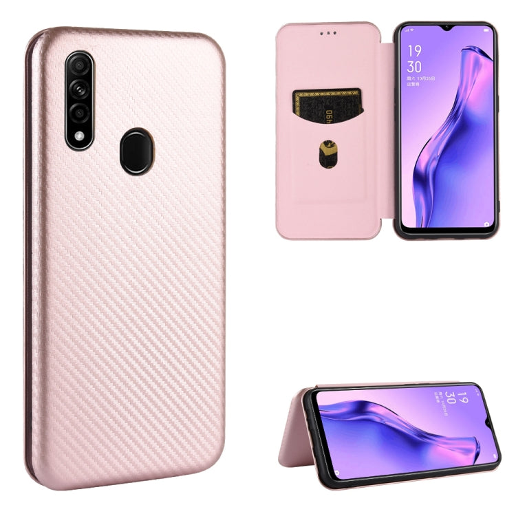 Light pink carbon-fiber texture magnetic flip phone case with card slot, stand view