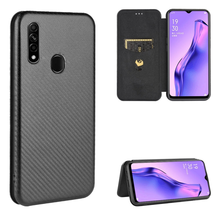 Dark gray carbon-fiber texture magnetic flip phone case with card slot, stand view