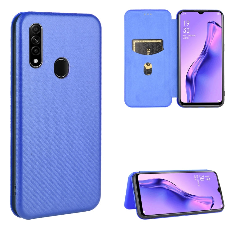 Blue carbon-fiber texture magnetic flip phone case with card slot, stand view