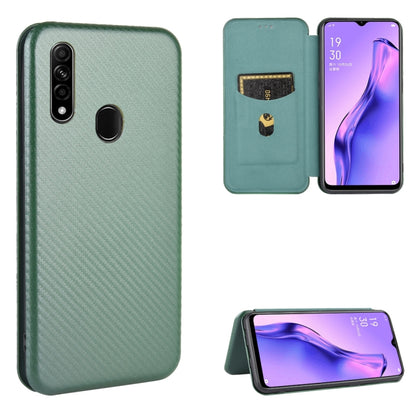 Green carbon-fiber texture magnetic flip phone case with card slot, stand view