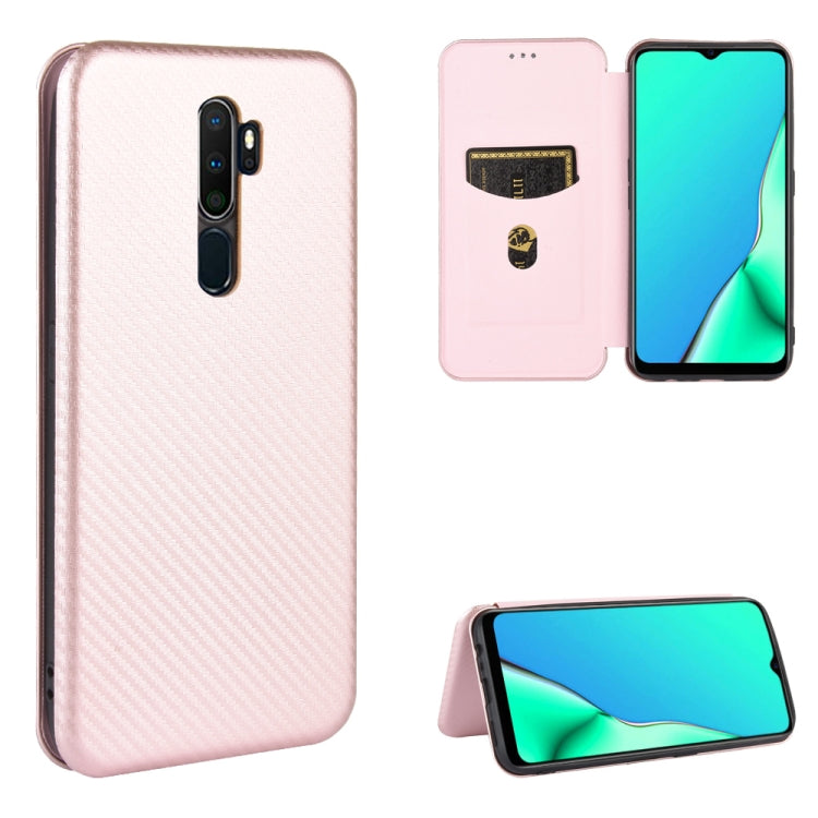 Light pink carbon fiber texture magnetic flip phone case with card slot and stand