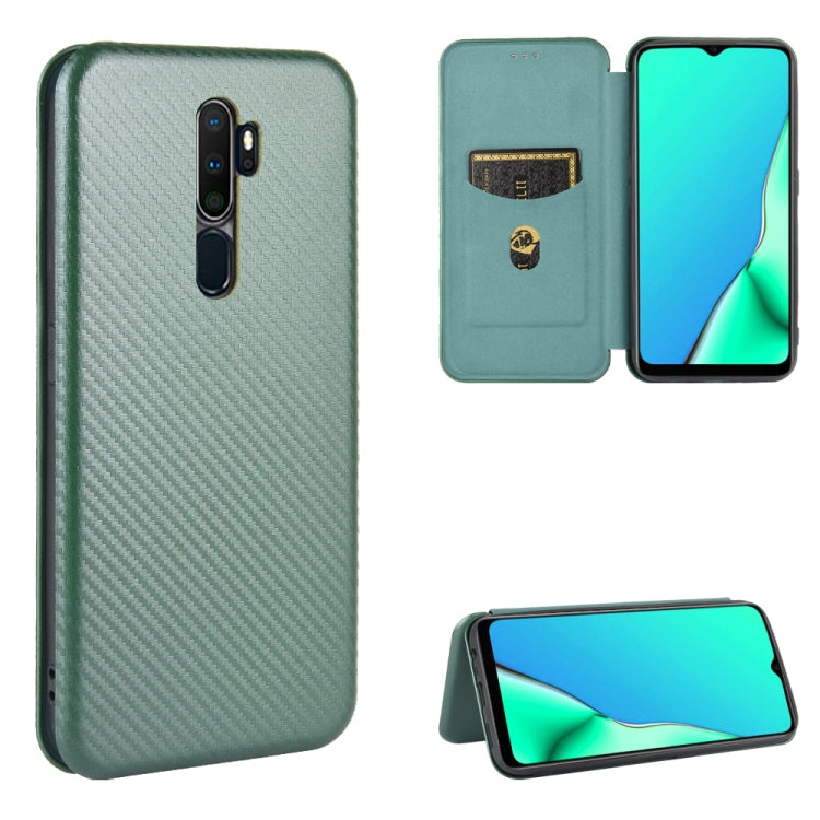 Green carbon fiber texture magnetic flip phone case with card slot and stand