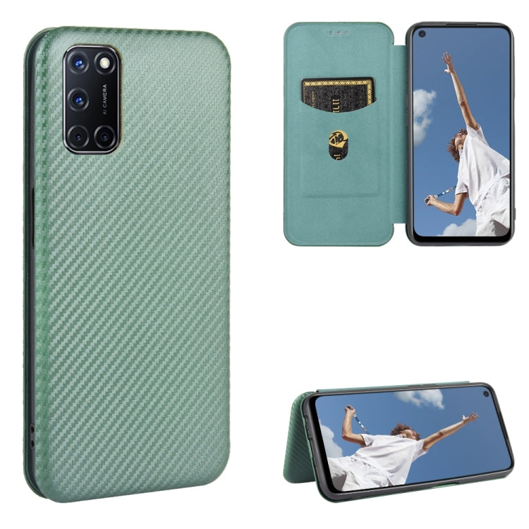 Teal green carbon fiber texture magnetic flip phone case with card slot and stand