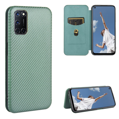Teal green carbon fiber texture magnetic flip phone case with card slot and stand