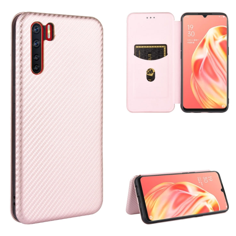 Light pink carbon-fiber texture magnetic flip phone case with card slot and stand