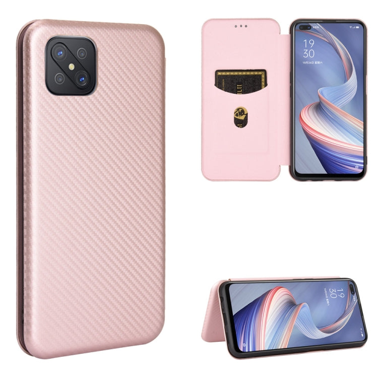 Blush pink carbon-fiber texture magnetic flip phone case with card slot and stand cover