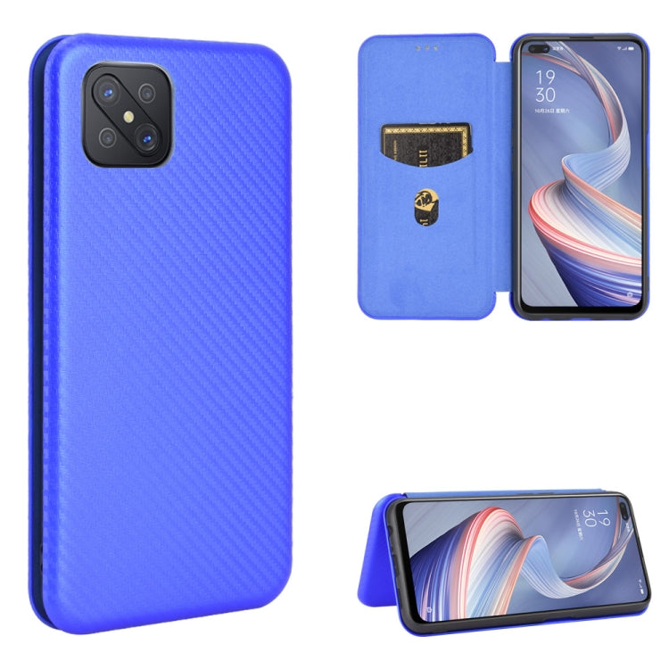 Bright blue carbon-fiber texture magnetic flip phone case with card slot and stand