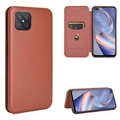 Brown carbon-fiber textured magnetic flip phone case with card slot and stand
