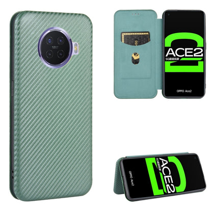 Green carbon-fiber textured magnetic flip phone case with card slot and stand