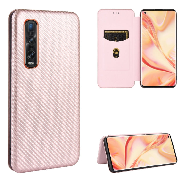 Light pink carbon-fiber textured magnetic flip phone case with card slot and stand