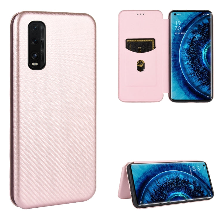 Light pink carbon fiber textured magnetic flip phone case with card slot and kickstand