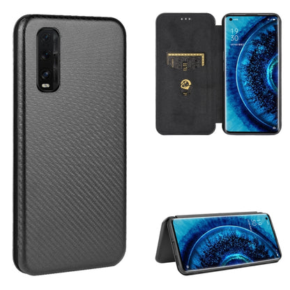 Black carbon fiber textured magnetic flip phone case with card slot and stand view