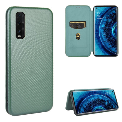 Green carbon fiber textured magnetic flip phone case with card slot and kickstand