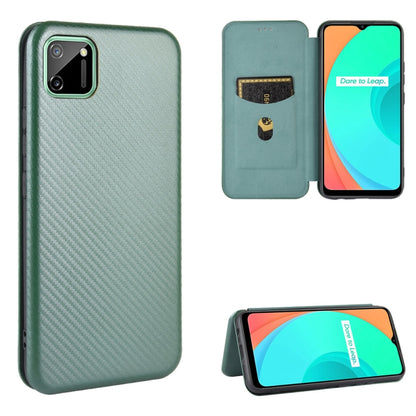 Teal green carbon fiber textured magnetic flip phone case with card slot and stand view