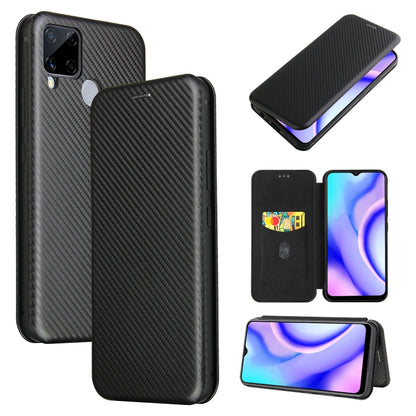 Carbon fiber texture magnetic flip phone case with card slot, black.