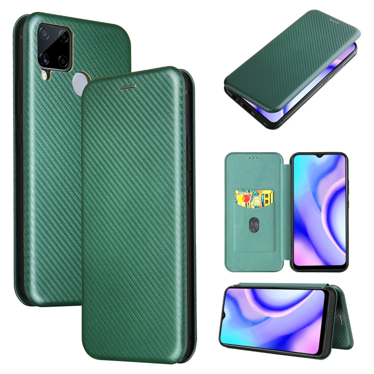 Carbon fiber texture magnetic flip phone case with card slot, dark green.