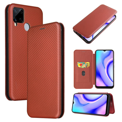 Carbon fiber texture magnetic flip phone case with card slot, rust brown.