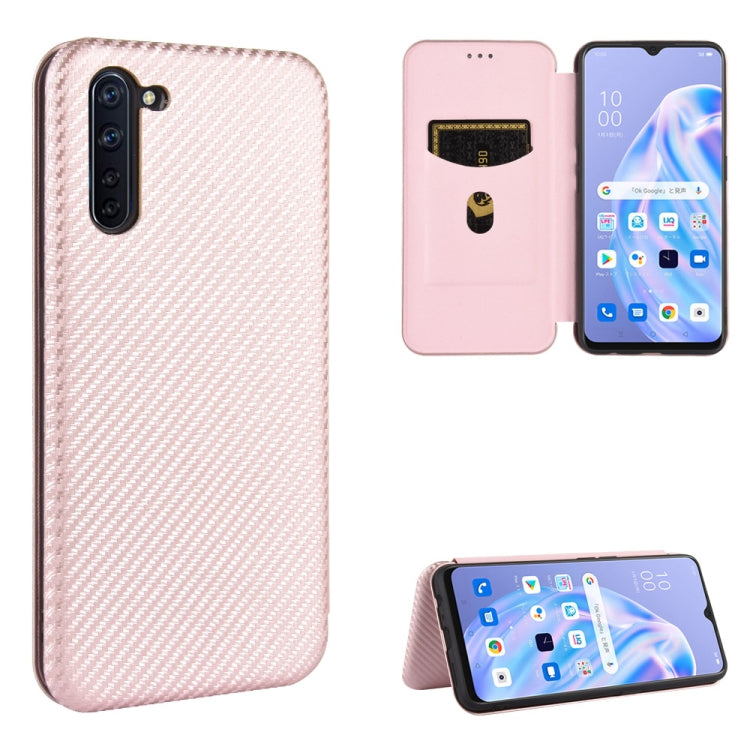 Light pink carbon fiber texture magnetic flip phone case with card slot and stand view