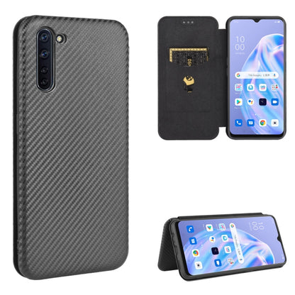 Dark gray carbon fiber texture magnetic flip phone case with card slot and stand view