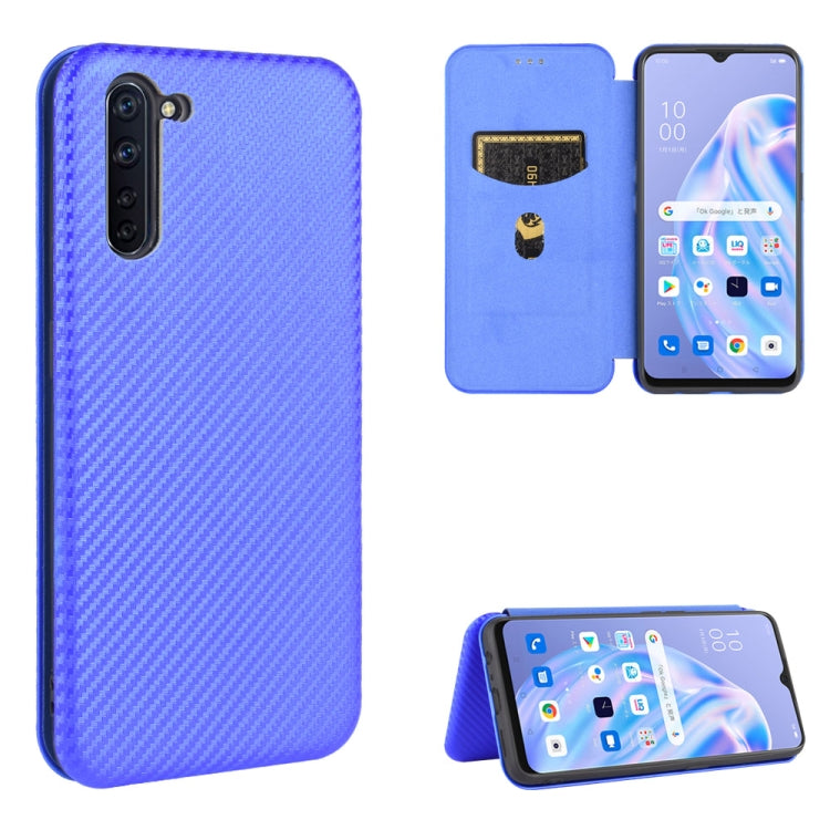 Blue carbon fiber texture magnetic flip phone case with card slot and stand view