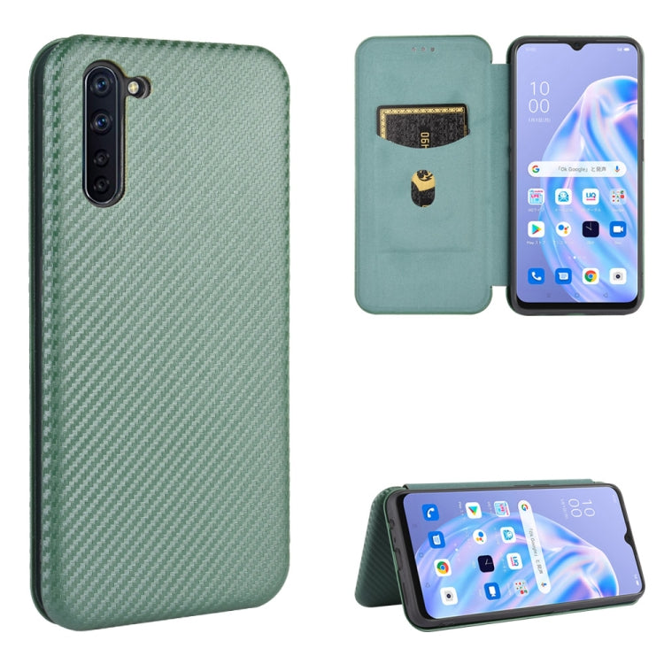 Green carbon fiber texture magnetic flip phone case with card slot and stand view