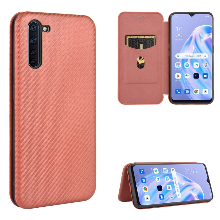 Rose red carbon fiber texture magnetic flip phone case with card slot and stand view