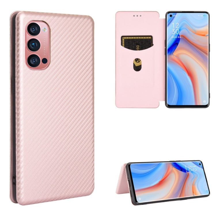 Blush pink carbon fiber texture magnetic flip phone case with card slot and stand view