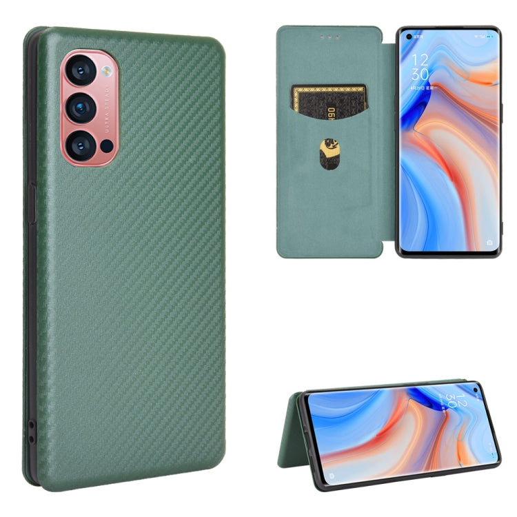 Moss green carbon fiber texture magnetic flip phone case with card slot and stand view