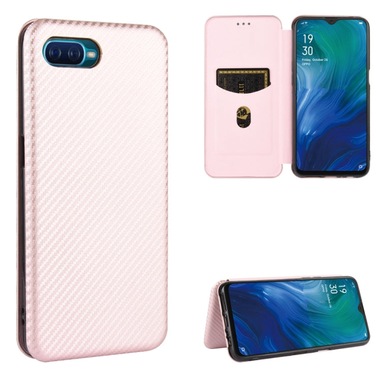 Magnetic flip phone case with card slot, carbon fiber texture, light pink color, stand view