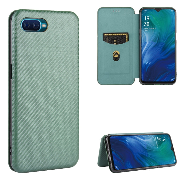 Magnetic flip phone case with card slot, carbon fiber texture, green color, stand view