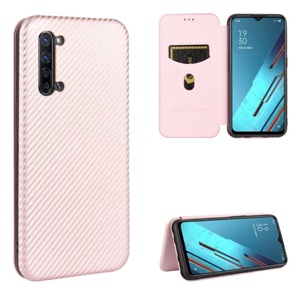 Magnetic flip phone case with card slot, carbon fiber texture, pale pink color, stand view
