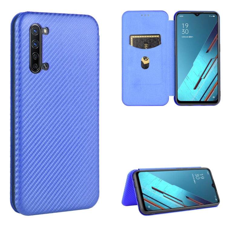 Magnetic flip phone case with card slot, carbon fiber texture, bright blue color, stand view