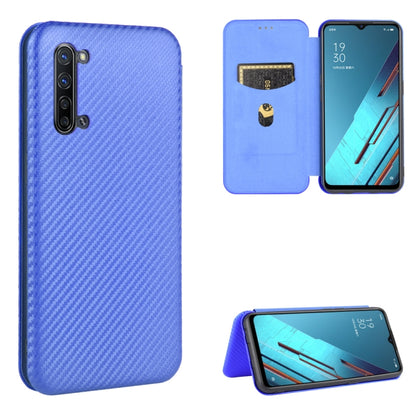 Magnetic flip phone case with card slot, carbon fiber texture, bright blue color, stand view