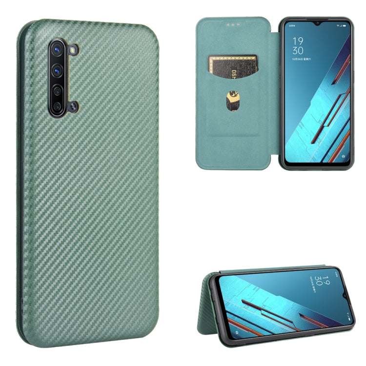 Magnetic flip phone case with card slot, carbon fiber texture, sage green color, with stand