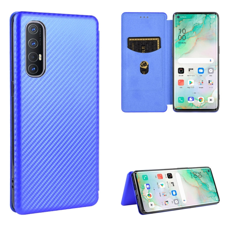 Blue carbon-fiber textured magnetic flip phone case with card slot; phone shown front and stand